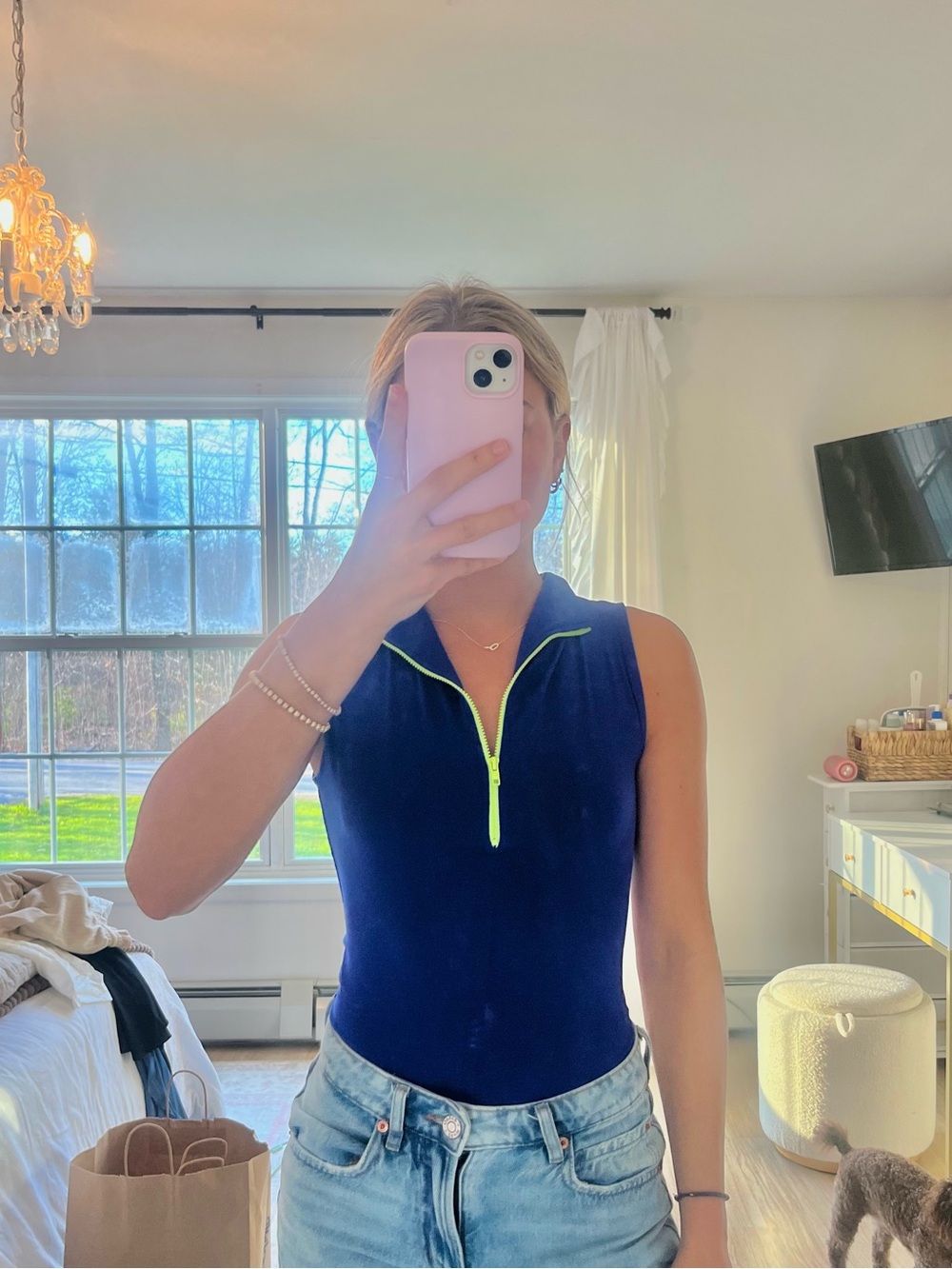 Target Women's Navy Sleeveless Bodysuit with Neon Yellow Zip